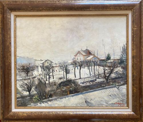 fig 2. Masterpiece: snow in the suburbs, New Year's Day 1928, large Lowry like cityscape French oil on canvas