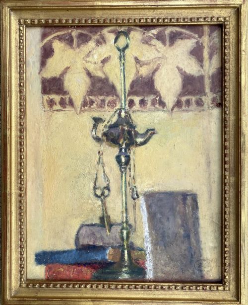 fig 1. Symbolist and Literary still life, books and keys circa 1935, by French woman artist antique painting oil on board