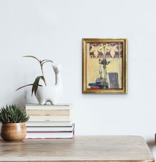 fig 2. Symbolist and Literary still life, books and keys circa 1935, by French woman artist antique painting oil on board