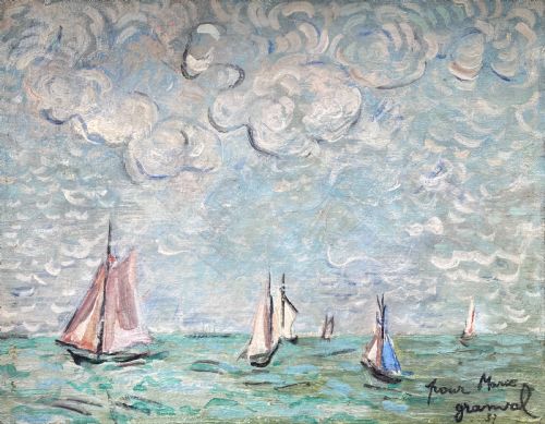 Fauve Seascape, 1937, Boats Under a Big Sky, Joyous Art Deco Period French Oil on Canvas
