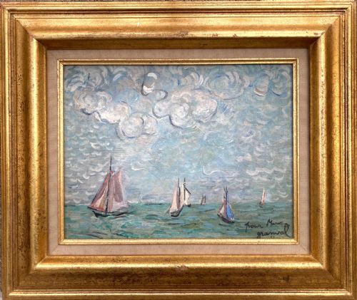 fig 1. Fauve Seascape, 1937, boats under a big sky, joyous art deco period French oil on canvas