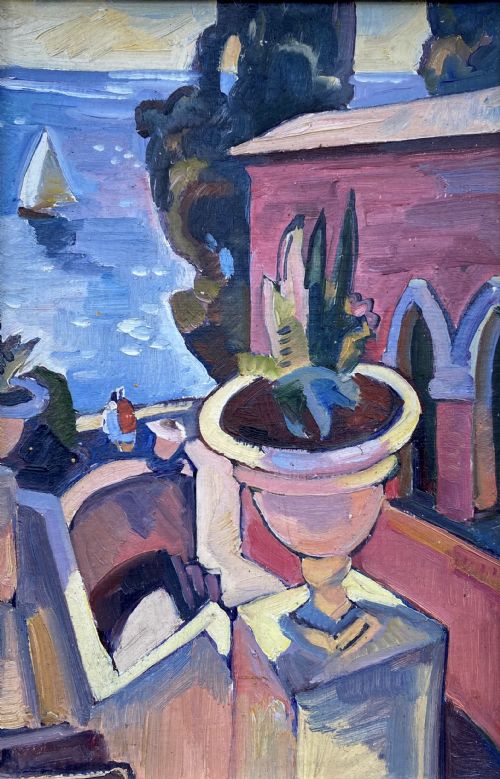 Summer on the Cote D'azur, Looking Out Over the Sea, the South of France Oil on Board