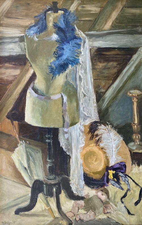 The Old Farmhouse Attic, the Eaves, Circa 1950:  Large Striking French Modernist Oil on Canvas