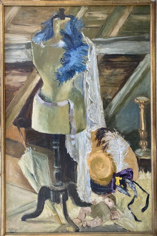 fig 1. The old farmhouse attic, the eaves, circa 1950: large striking French modernist oil on canvas