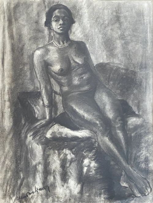Powerful Black Art Deco Nude, the Confident Model, Ca 1930: Large Charcoal Drawing  on Paper