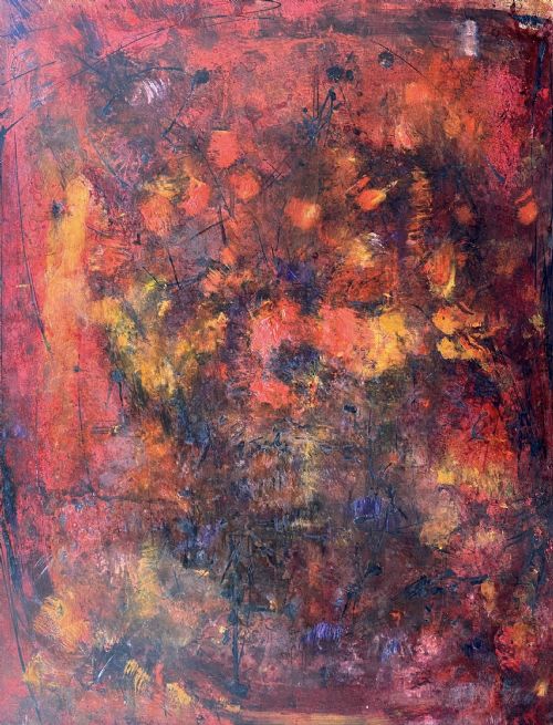 Large Vibrant Abstract Red - Abstracted Modernist Flowers, Ca 1960 French Oil on Board