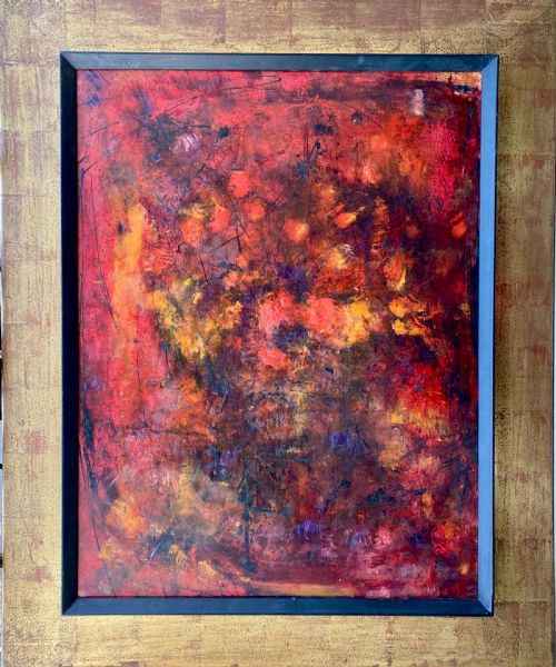 fig 1. Large Vibrant Abstract Red - Abstracted modernist flowers, ca 1960 French oil on board