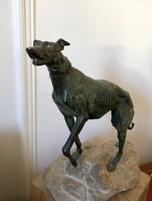 fig 1. Greyhound, circa 1900: spelter dog sculpture by French animalier Prosper Lecourtier