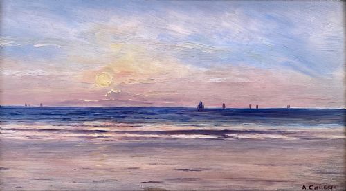 Sunrise Over the Sea, Ca 1890, Impressionist Marine Seascape Oil on Panel