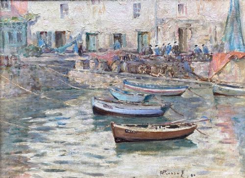 Sir Walter Westley Russell Ra: Harbour Scene, Normandy, France 1930 Oil on Canvas