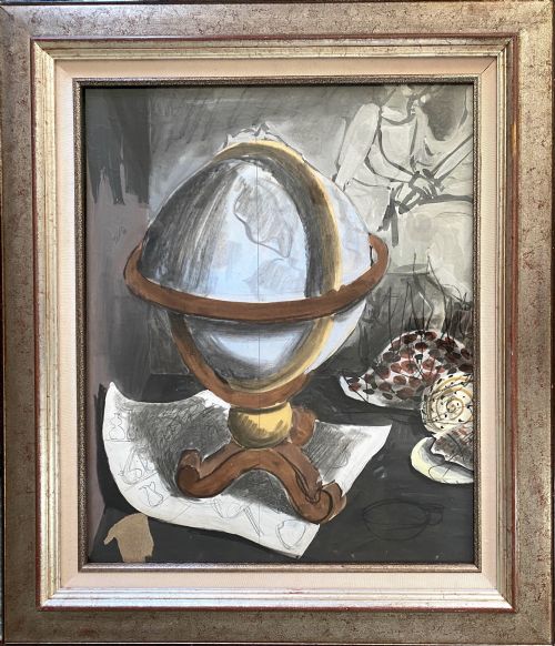 fig 1. A 1939 French surrealist gouache painting depicting a terrestrial globe on a wooden stand alongside seashells and pencil sketches in grey, brown, and ochre shades.