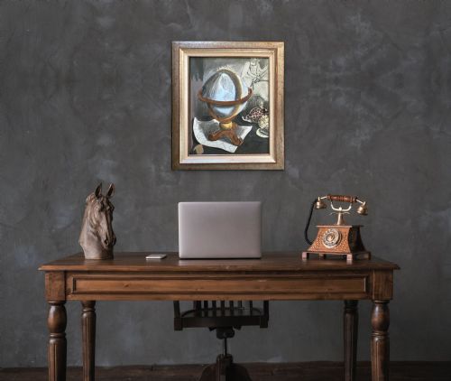 fig 4. A 1939 French surrealist gouache painting depicting a terrestrial globe on a wooden stand alongside seashells and pencil sketches in grey, brown, and ochre shades.