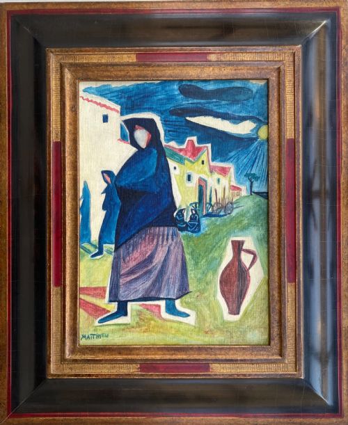 fig 1. Surrealist composition ca 1949 beshawled women on a latin village street oil on board