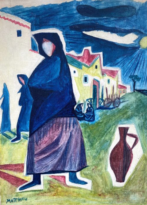 Surrealist Composition Ca 1949  Beshawled Women on a Latin Village Street  Oil on Board