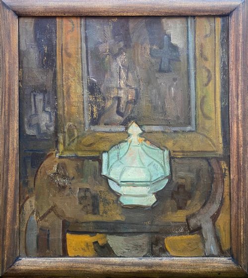 fig 1. An abstracted 1940s oil painting on canvas depicting a pale green soup tureen resting on a brown table set against a geometric background.