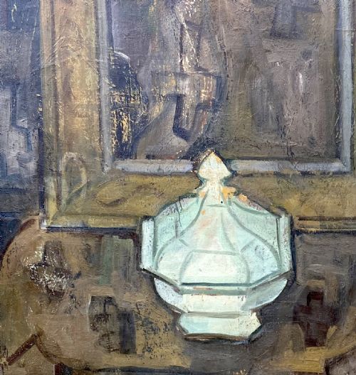 fig 3. An abstracted 1940s oil painting on canvas depicting a pale green soup tureen resting on a brown table set against a geometric background.
