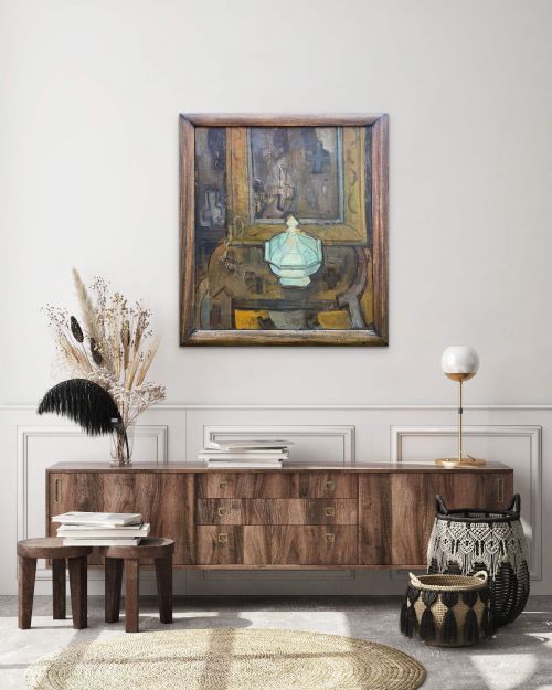 fig 4. An abstracted 1940s oil painting on canvas depicting a pale green soup tureen resting on a brown table set against a geometric background.