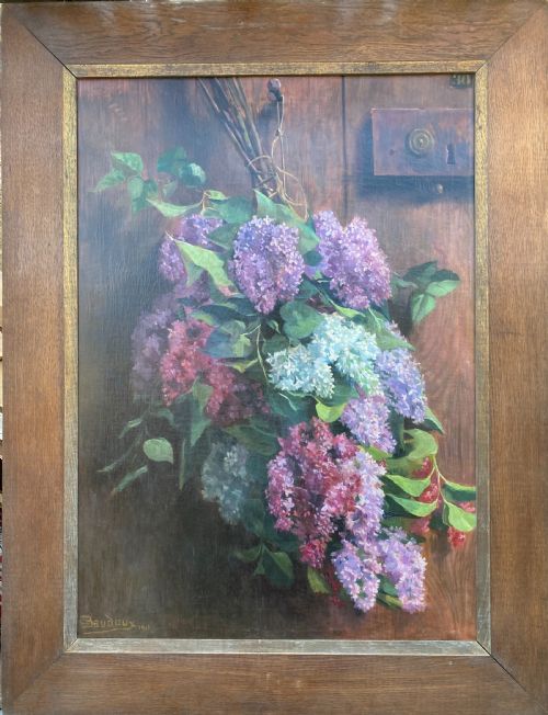 fig 2. An oil on canvas painting dated 1901 depicting a bouquet of purple and white lilac flowers hanging against a dark oak wooden door.
