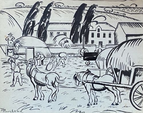 Haymaking, Ca 1910: Avant Garde Bloomsbury Group Artist Jean Hippolyte Marchand Dynamic Line Drawing No.1: Bundling Hay.