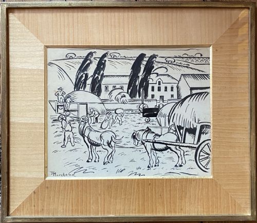 fig 1. Haymaking, ca 1910: avant garde Bloomsbury group artist Jean Hippolyte Marchand dynamic line drawing No.1: bundling hay.