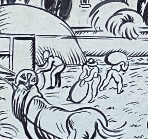 fig 2. Haymaking, ca 1910: avant garde Bloomsbury group artist Jean Hippolyte Marchand dynamic line drawing No.1: bundling hay.