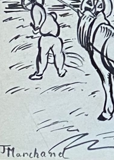 fig 3. Haymaking, ca 1910: avant garde Bloomsbury group artist Jean Hippolyte Marchand dynamic line drawing No.1: bundling hay.