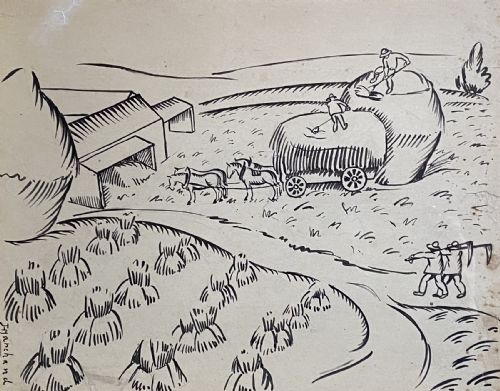 Haymaking, Ca 1910: Avant Garde Bloomsbury Group Artist Jean Hippolyte Marchand Dynamic Line Drawing No.2: Constructing Haystacks.