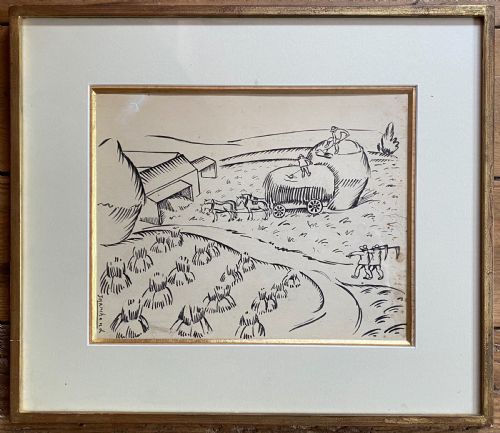 fig 1. Haymaking, ca 1910: avant garde Bloomsbury group artist Jean Hippolyte Marchand dynamic line drawing No.2: constructing haystacks.