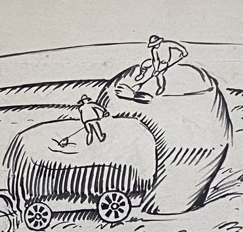 fig 2. Haymaking, ca 1910: avant garde Bloomsbury group artist Jean Hippolyte Marchand dynamic line drawing No.2: constructing haystacks.