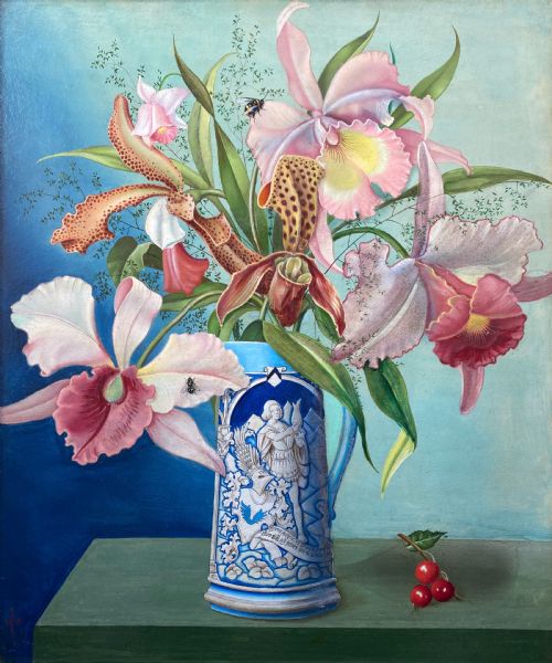 The Orchids and the Bee: Hyperrealist Flowers  Surrealist Floral Still Life, Ca 1950 Oil on Panel