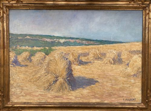 fig 1. Haystacks in Monet country, ca 1920 wheatfields bathed in summer sun Impressionist oil on canvas