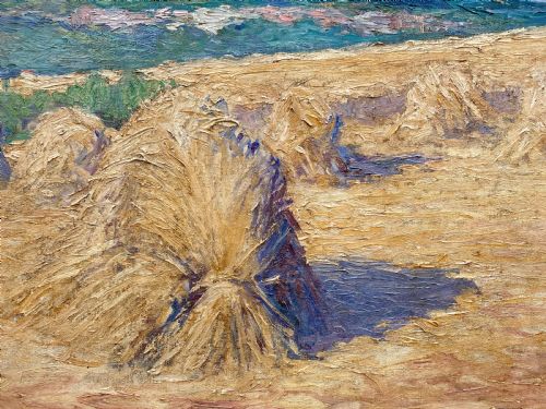 fig 2. Haystacks in Monet country, ca 1920 wheatfields bathed in summer sun Impressionist oil on canvas