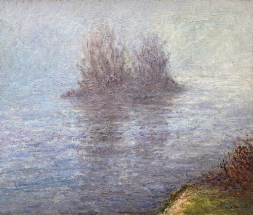 fig 1. River Islets in the Mist, ca 1940, Monet country, the Seine, Impressionist oil on canvas