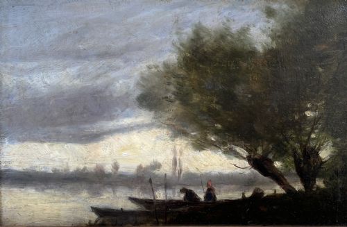 Circle of Camille Corot: Fishermen in the Moonlight, Ca 1860 Unsigned Barbizon Moonlit Landscape, Oil on Panel