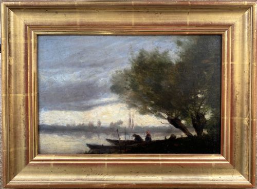 fig 1. Circle of Camille Corot: Fishermen in the Moonlight, ca 1860 unsigned Barbizon moonlit landscape, oil on panel