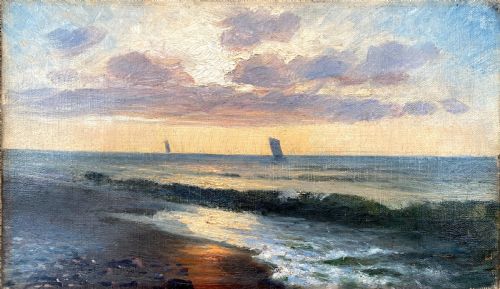 Sunset on the Beach, Cloud Study 19th Century Impressionist Marine Seascape with Boats Plein Air Oil on Canvas