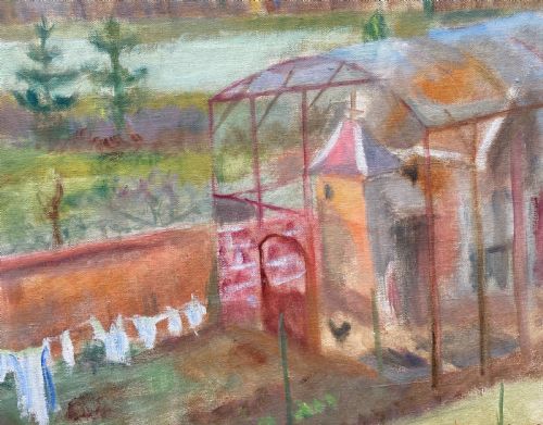 fig 3. A 1939 landscape oil painting on canvas depicting a rural garden scene with a chicken coop, hanging washing, and rolling green hills in the background.