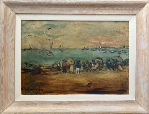 fig 1. A party on the beach,1940 Austrian French coastal scene oil on board