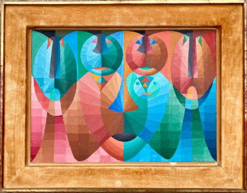 fig 1. A 1968 abstract oil painting on canvas featuring geometric shapes, grid patterns, and stylised human forms in shades of blue, green, pink, and terracotta.