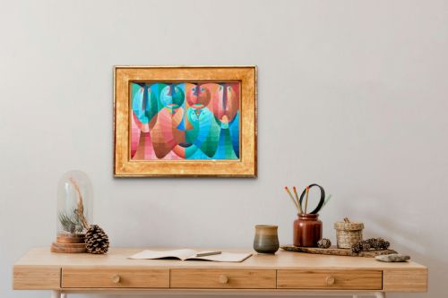 fig 2. A 1968 abstract oil painting on canvas featuring geometric shapes, grid patterns, and stylised human forms in shades of blue, green, pink, and terracotta.