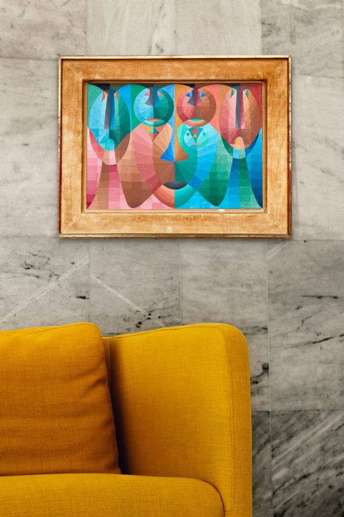 fig 3. A 1968 abstract oil painting on canvas featuring geometric shapes, grid patterns, and stylised human forms in shades of blue, green, pink, and terracotta.
