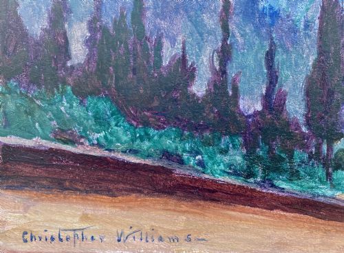 fig 2. An early twentieth-century oil painting on canvas depicting an Italian hillside village framed by cypress trees, rendered in shades of purple, turquoise, and ochre, signed Christopher Williams in the lower left corner.