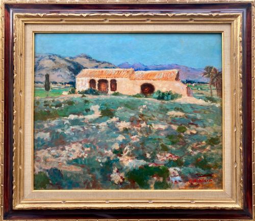 fig 1. A mid-century oil painting on board depicting a stone farmhouse under a light blue sky with purple mountains in the background and a textured foreground.