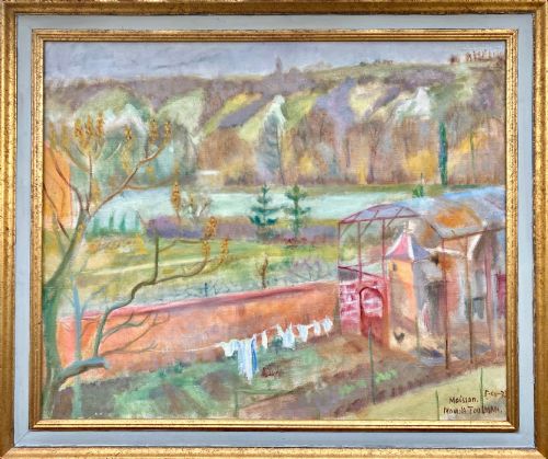 fig 2. A 1939 landscape oil painting on canvas depicting a rural garden scene with a chicken coop, hanging washing, and rolling green hills in the background.