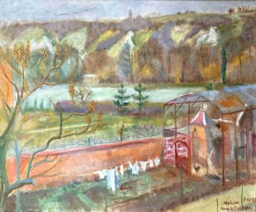 fig 4. A 1939 landscape oil painting on canvas depicting a rural garden scene with a chicken coop, hanging washing, and rolling green hills in the background.