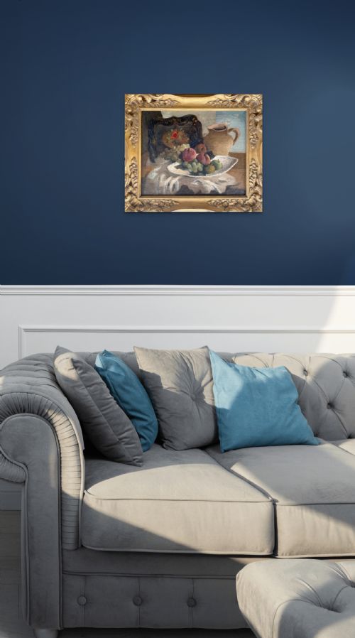 fig 1. A framed 1920s French modernist oil painting depicting a ceramic pitcher, peaches, and grapes on a table beside a window in a gilded frame.