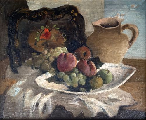 fig 2. A framed 1920s French modernist oil painting depicting a ceramic pitcher, peaches, and grapes on a table beside a window in a gilded frame.