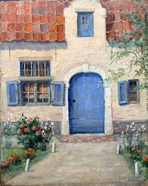 The Welcoming Home, the White House with Blue Shutters, Ca 1910 French Oil on Panel