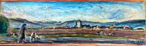 Renoir Student Peyret: Figures in a Field Under a Vast Sky, 1956 French Landscape Oil on Canvas