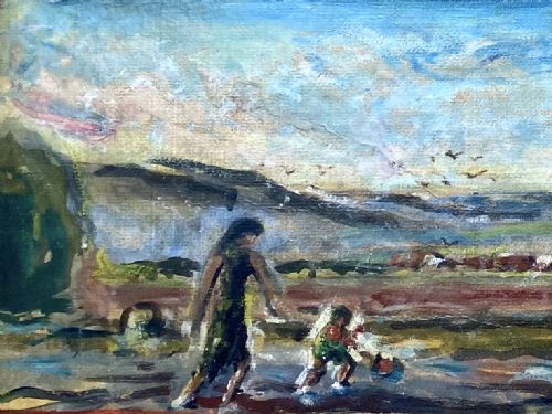 fig 1. Renoir student Peyret: Figures in a field under a vast sky, 1956 French landscape oil on canvas